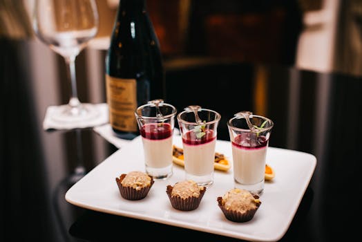 Assiette blanche avec des desserts en verrines et des chocolats, accompagnée d'une bouteille de vin.
