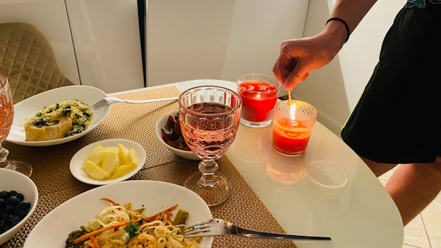 Table dressée avec des plats variés, des verres colorés et une personne allumant une bougie. Ambiance conviviale.